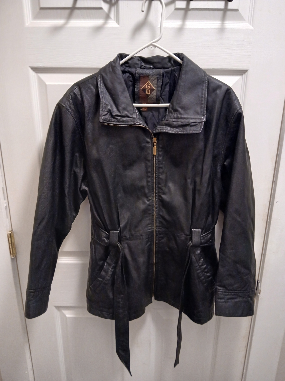 Women's Black Leather Zip-Front Jacket with Waist Tie